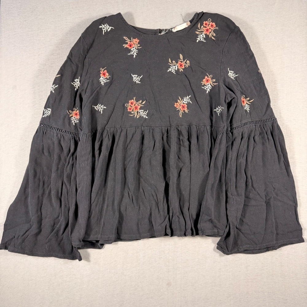 Altar'd State Floral Embroidered Bell Sleeve Babydoll Blouse Black Small Boho
